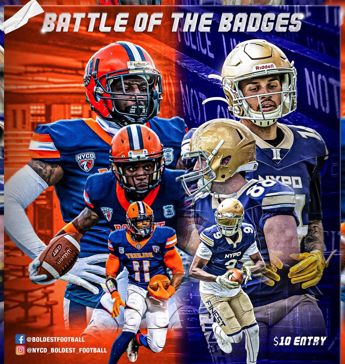 Save the date! On May 4, @BoldestFootball action will return. This time, The Boldest athletes in #NYC will battle it out against our partner in law enforcement @NYPDnews. Learn more today at bit.ly/3Uo4Zfj. Photo Credit: #NYCDBoldestFootball. #JoinTheBoldest