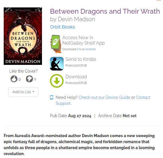 Super excited to see digital ARCs for the new @DevinMadson book BETWEEN DRAGONS AND THEIR WRATH are now available to request on NetGalley US. Really looking forward to this new series!