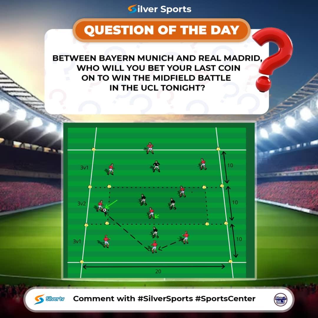 QUESTION OF THE DAY!

BETWEEN BAYERN MUNICH AND REAL MADRID, WHO WILL YOU BET YOUR LAST COIN ON TO WIN THE MIDFIELD BATTLE  IN THE UCL TONIGHT?🤔

REPLY WITH THE HASHTAG #SportsCenter FOR VALIDATION!