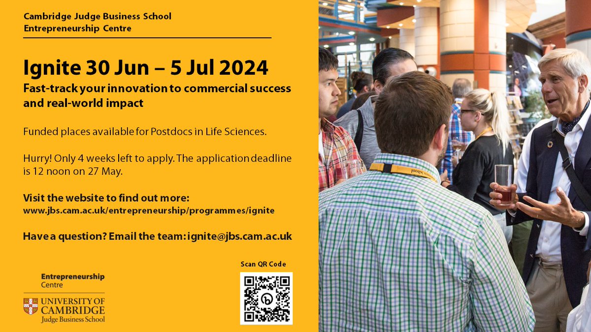 From #scientist or #researcher to #Founder. Funded places available for #Postdocs working in #biotech and #medtech at Ignite 2024. Hurry! 4 weeks left to apply. @CamPostdocs @Cambridge_Uni @CamBioCampus @Cambridge_SBS @TheMilnerInst @Postdoc_Academy