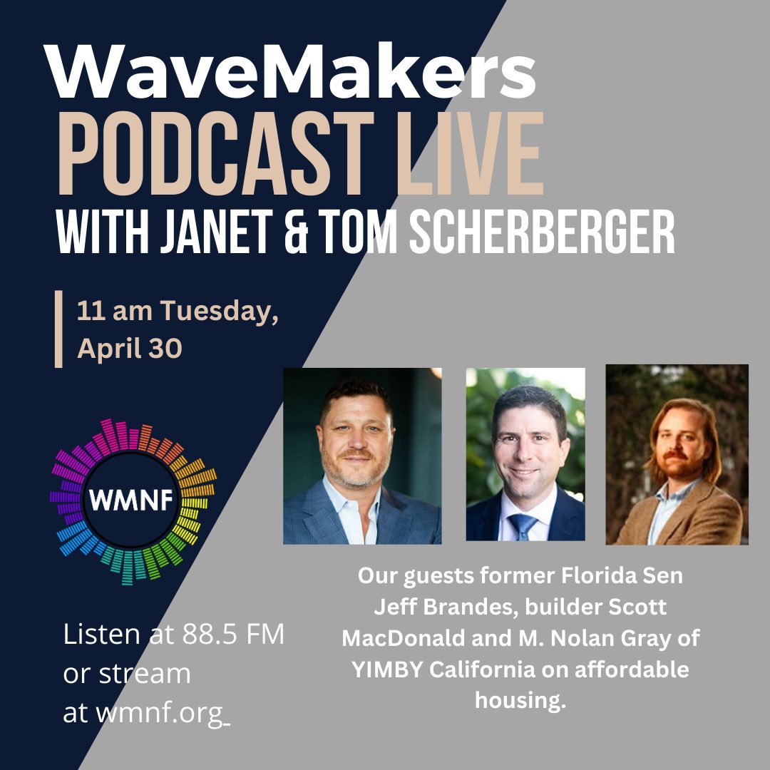 Coming up at 11 on @wmnf WaveMakers @jmscherberger & I talk with @JeffreyBrandes and two others involved in Wednesday’s Florida Housing Summit at @usfsp discuss realistic solutions to Florida’s housing crisis. Join the conversation by calling @813-239-9663 or emailing dj@wmnf.org