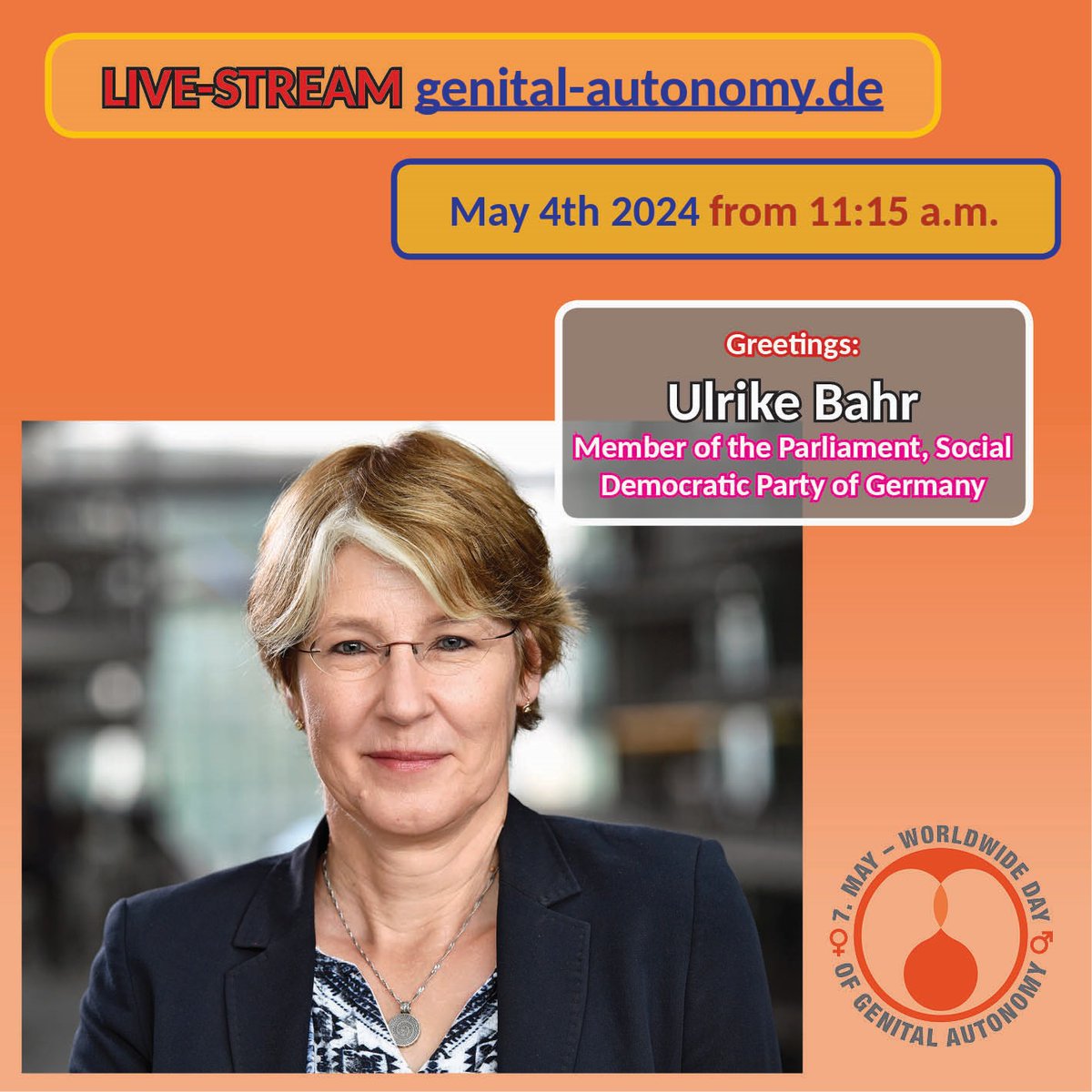 Ulrike Bahr, Social Democratic Party, Member of German Parliament, will take part in WWDOGA-2024-Livestream on May 4th!
genital-autonomy.de/speeches-2024/