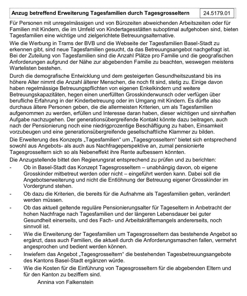 Wie sieht das Arbeitsmarktspotenzial von Arbeitslosen 55+ und Eltern aus? Und wie kann die Einführung von Tagesgrosseltern als Ergänzung zu Tagesfamilien die Nachfrage nach Tagesfamilienplätzen gesellschaftlich wertvoll lindern? Darum gehts in meinen neuen Vorstössen. <a href="/LDP_BS/">LDP Liberaldemokratische Partei Basel-Stadt</a>