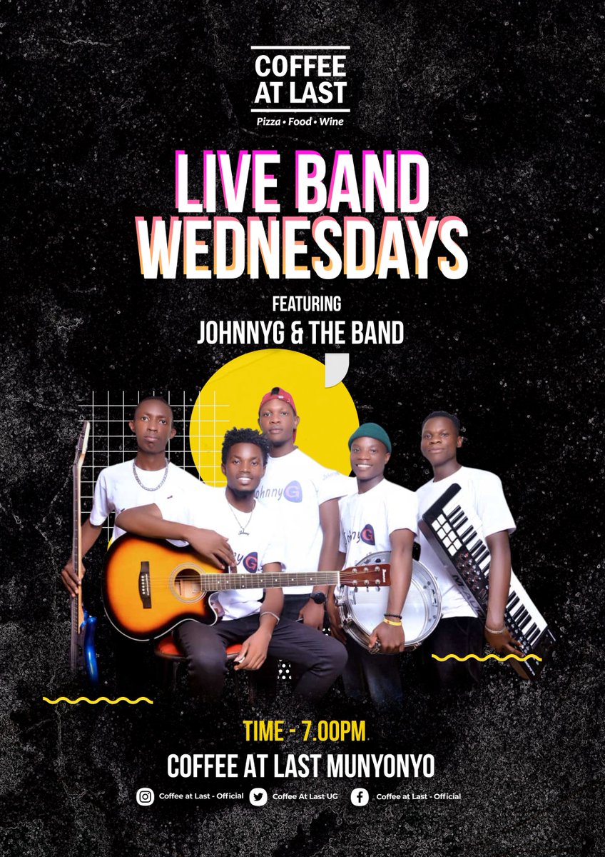 Live Band at CAL! 🎶 🥁
Catch us this Wednesday 1st. May 2024, as we groove to Live Music alongside JohnnyG & The Band at Coffee At Last Munyonyo. We go live at 7pm. #CoffeeatLast #LiveBandLovers #GoodMusic #GoodFood