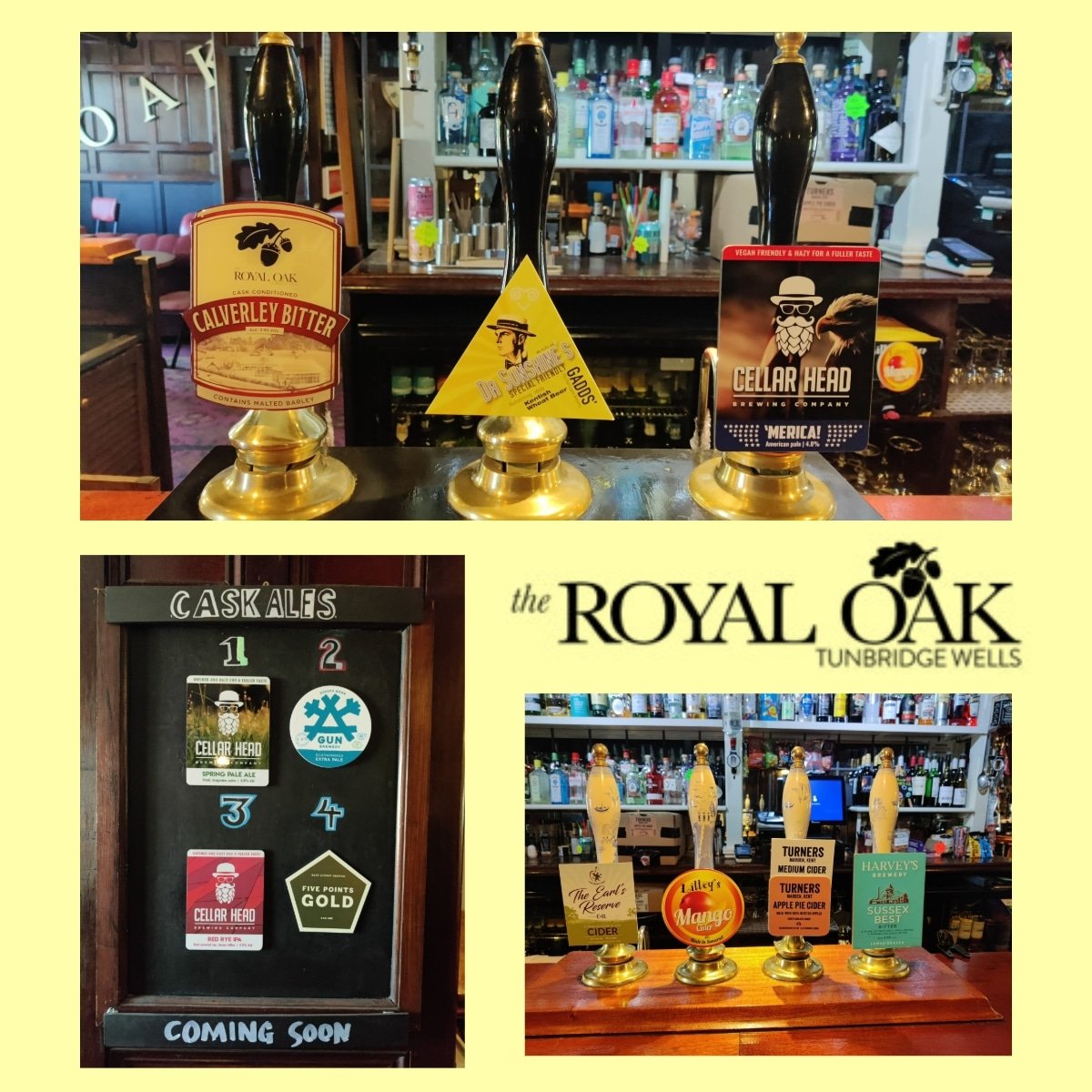 Today's cask ales now pouring and our coming soon board.

OPEN from 4pm

#harveysbrewery #calverleybitter #gaddsbrewery #westkentcamra #twpubs #realale #realalefinder #twcaskale #twrealale #tunbridgewellspubs