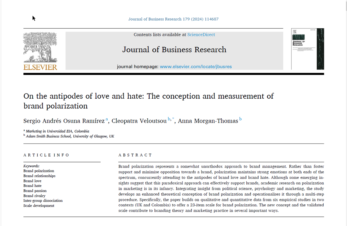 C_Veloutsou's tweet photo. Our work is pre-published!!
Osuna Ramírez, S.A., Veloutsou, C. &amp; Morgan-Thomas, A., “Antipodes of love and hate: the conception and measurement of brand polarization”, Journal of Business Research
Access: https://t.co/2hu6hQ2I1T
#BrandLove #BrandHate #Brandpolarization #brand https://t.co/TfTASuUGqq