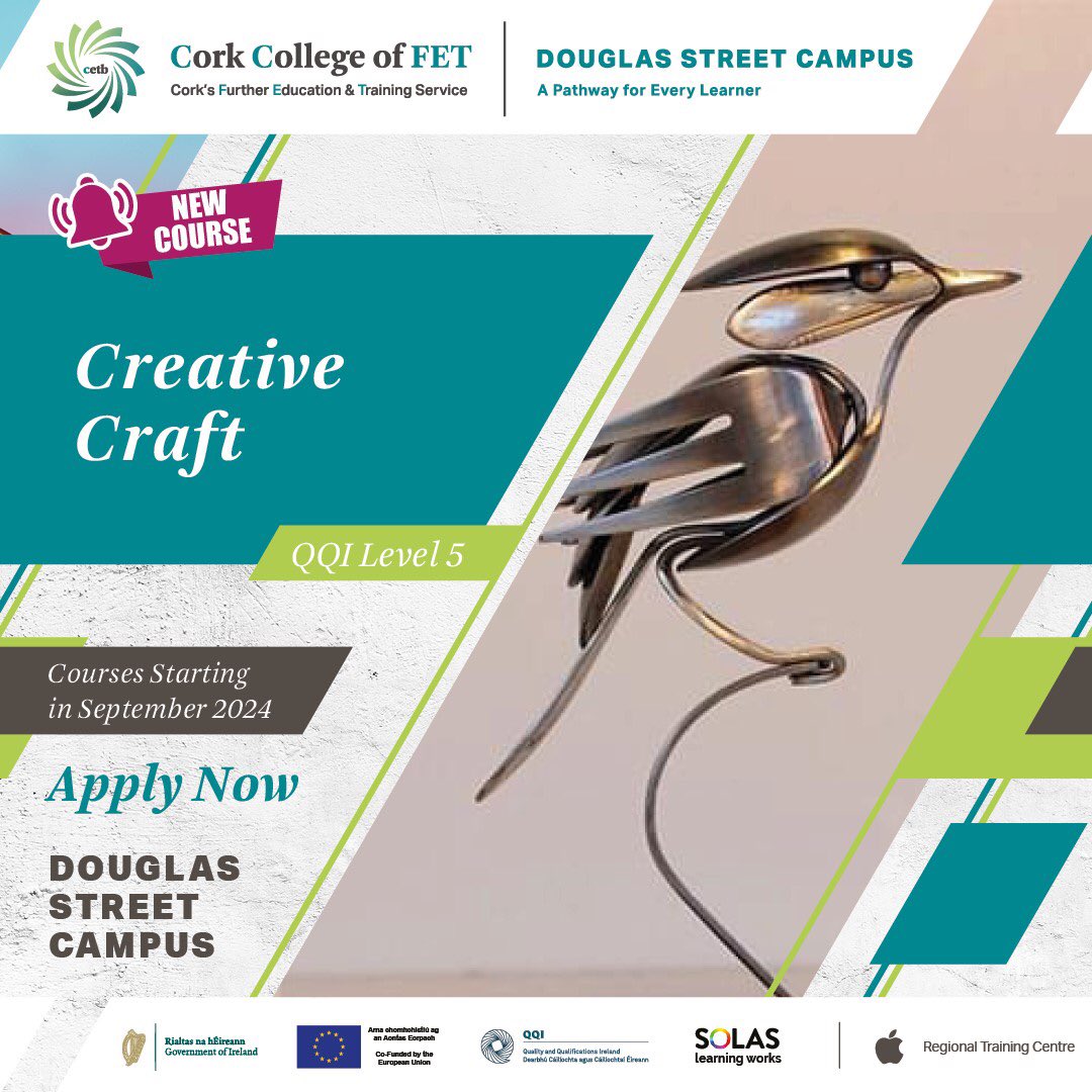 #NewCourse Creative Craft QQI Level 5 starting September 2024 at Cork College of FET - Douglas Street Campus. Apply now via: douglasstreetcampus.ie Interviews take place in May. @CorkETB @DenisLeamy @ThisisFet @QQI_connect @Instgc @corklearning @CareersPortal @elmarie96 #FET