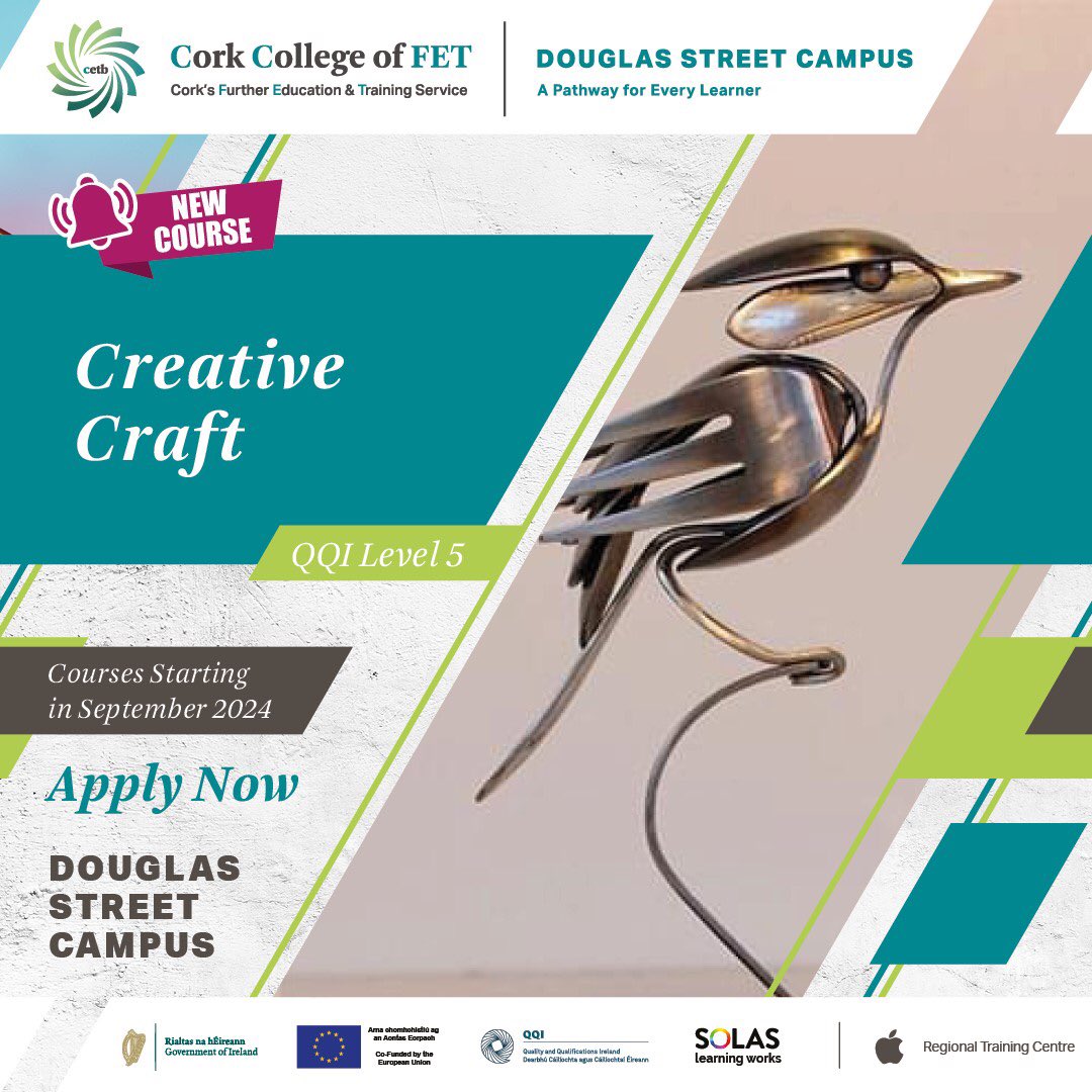 #NewCourse Creative Craft QQI Level 5 starting September 2024 at Cork College of FET - Douglas Street Campus. Apply now via: douglasstreetcampus.ie  Interviews take place in May. @CorkETB @DenisLeamy @ThisisFet @QQI_connect @Instgc @corklearning @CareersPortal @elmarie96 #FET