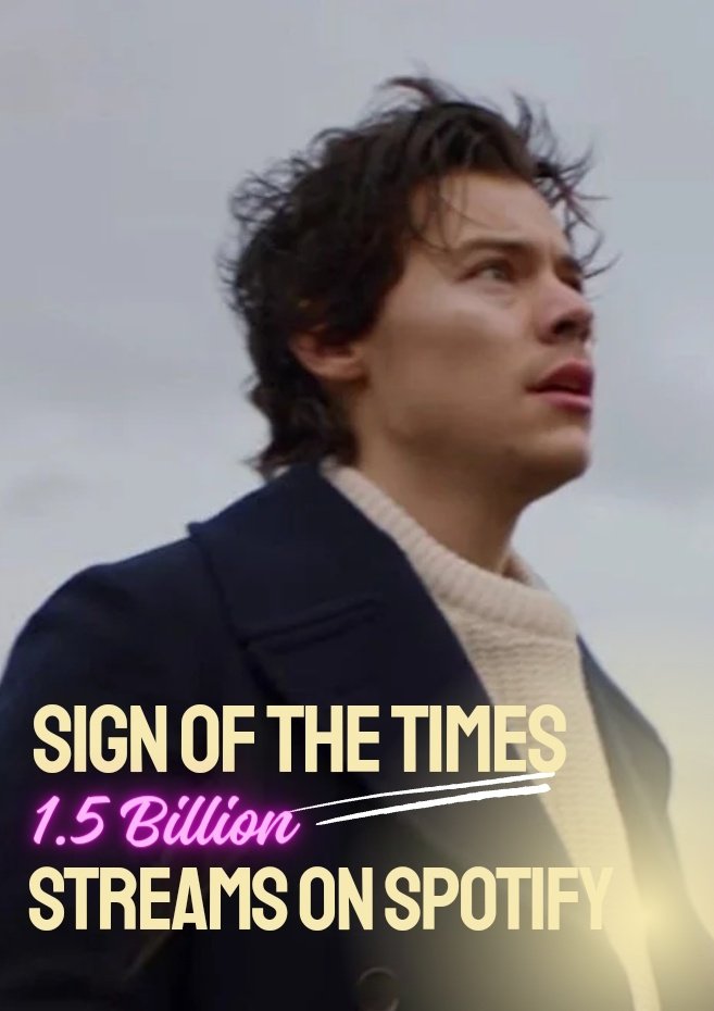 'Sign of the Times' by @Harry_Styles has surpassed 1.5 billion streams on Spotify. — It is the first song from 'Harry Styles' and the 4th song by Harry Styles to achieve this milestone.