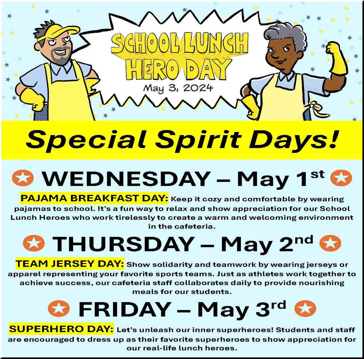 SCHOOL LUNCH HERO DAY is Friday, May 3rd. Help us celebrate and appreciate school nutrition employees with special SPIRIT DAYS this week! Be sure to thank these heroes for their dedication to fueling students for success! #Built4Bibb #WestsidePride #SchoolLunchHeroDay