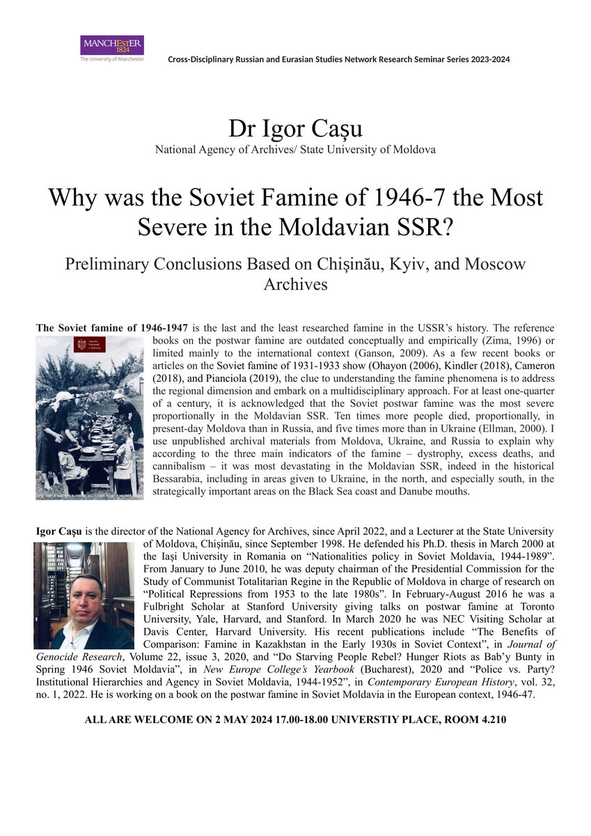 For my UK friends in MANCHESTER: May 2, 17.00-18.00, please join my talk on Soviet postwar famine, explaining why it was the most severe in present-day Moldova, based on Moldovan, Ukrainian, and Russian archives. VENUE: The University of Manchester, University Place, Room 4.210.