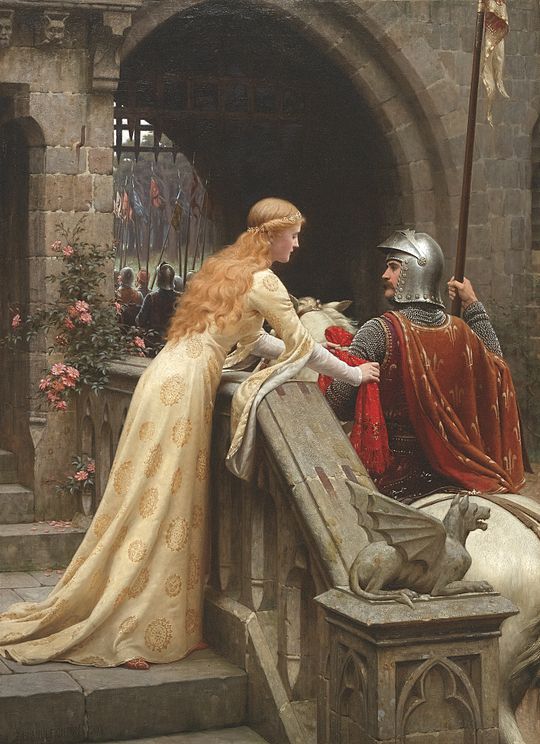 God Speed  by British artist Edmund Leighton depicts an armored knight departing to war and leaving his beloved. The painting was exhibited in the Royal Academy of Arts in 1900