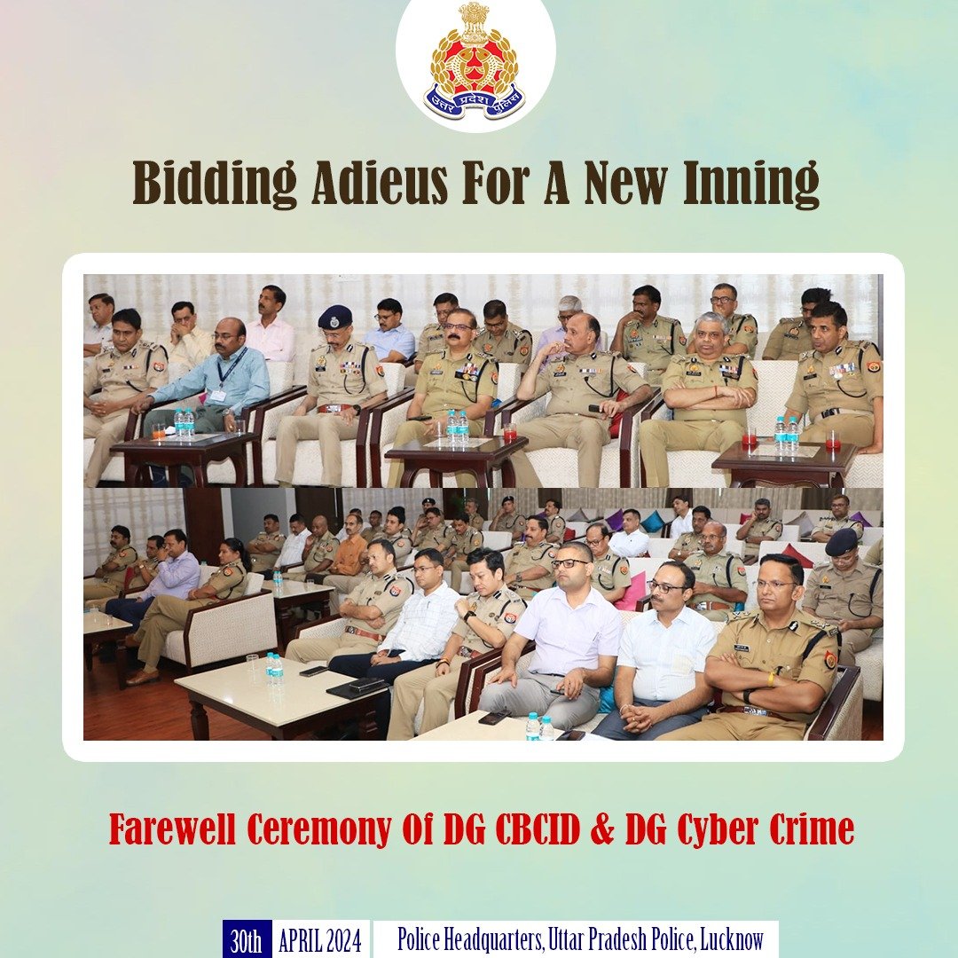 Celebrating A New Beginning-DGP UP Sri Prashant kr. & senior officers extended a poignant farewell to DG CBCID Sri Anand Kr. & DG Cyber Crime Sri Subhash Chandra.Reflecting on their stellar contributions, the officers expressed heartfelt wishes for the new innings of their lives.