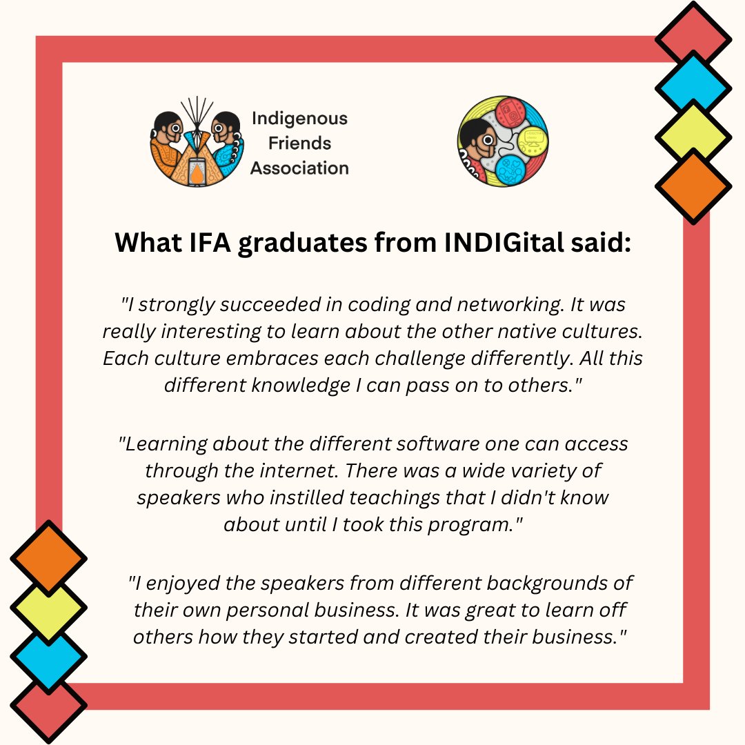 IndigiFriends's tweet image. Exciting news from Indigenous Friends Association (IFA)! Last month, we completed our 5-week INDIGital program with a 71% graduation rate &amp;amp; 30 mentee graduates 🌟. IFA relies on donations to sustain programs like INDIGital. Support us 🧡indigenousfriends.org/donate

#IndigenousTech