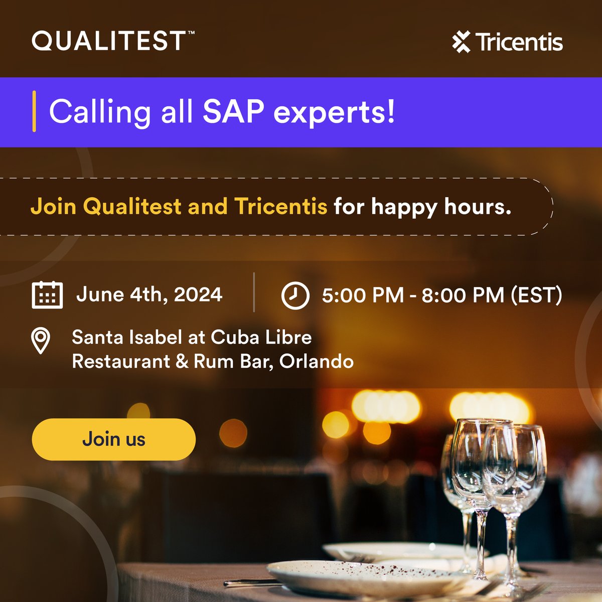 🌟Hey #SAPSapphire attendees!
Join us for an exclusive networking evening hosted by Qualitest and @Tricentis at Cuba Libre Restaurant & Rum Bar on June 4th, 5-8 PM (EST).
Limited space now 👉 bit.ly/3vXsqE3
#SAPSapphire2024 #QualitestAtSAPSapphire #LifeAtQualitest