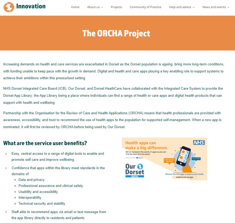 📢New case study publication on #DorsetInnovationHub website! Read about how Dorset ICS partnership working within the ORCHA project has facilitated easy, central access to a range of digital tools to enable & promote self care & improve wellbeing. ourdorset.org.uk/innovation/pro…