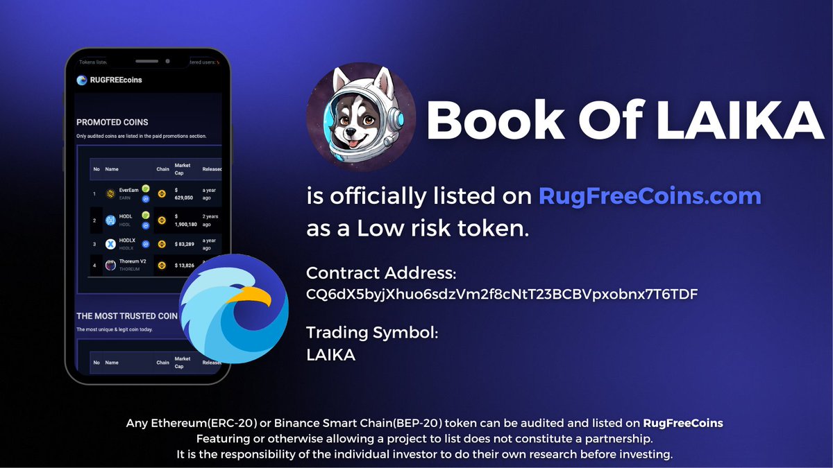 ' @LAIKAsolbc ' has been reviewed and listed on RugFreeCoins as a low-risk token. rugfreecoins.com/coin-details/2… #rugfreecoins #scamfree #BookofLAIKA #SOL #Web3 #Solana #CryptoCommunity t.me/solanalaika