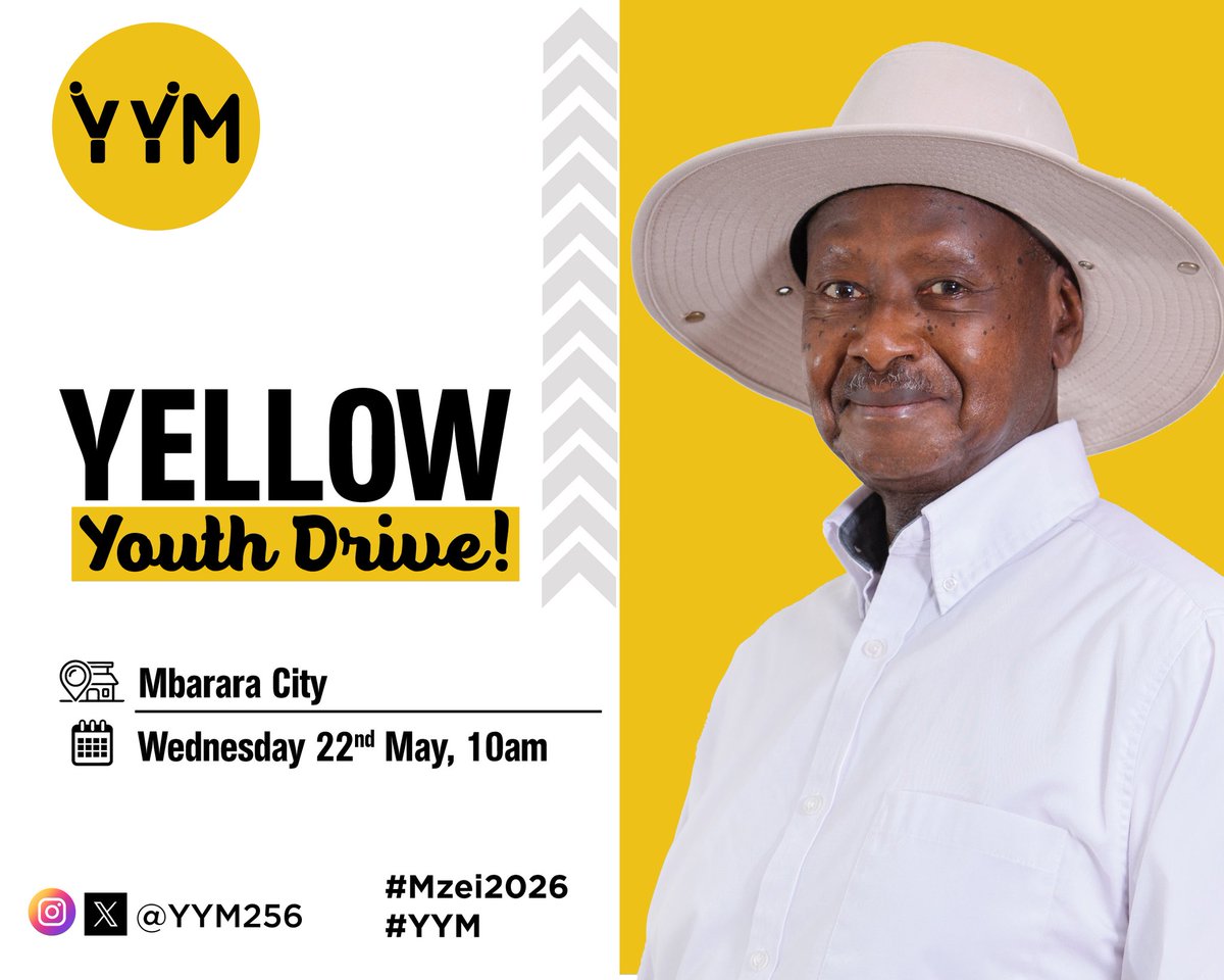 𝐌𝐛𝐚𝐫𝐚𝐫𝐚 𝐂𝐢𝐭𝐲 🟡
Mark your calendars 
On 22nd May, the Yellow Youth Movement (YYM) will be hosting a 𝐘𝐞𝐥𝐥𝐨𝐰 𝐘𝐨𝐮𝐭𝐡 𝐃𝐫𝐢𝐯𝐞 in Mbarara City as part of our nationwide tour 💡
Join us as we rally support for @KagutaMuseveni vision for Uganda's future. 
Don't…