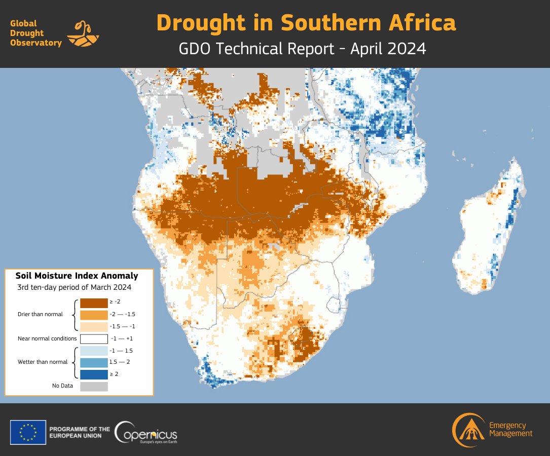 📢 A new report by the @CopernicusEMS Global Drought Observatory has shed light on the severe drought affecting Southern Africa and the Zambezi River Basin, causing serious social and economic consequences across the region 🌍 Full story here ➡️ joint-research-centre.ec.europa.eu/jrc-news-and-u…