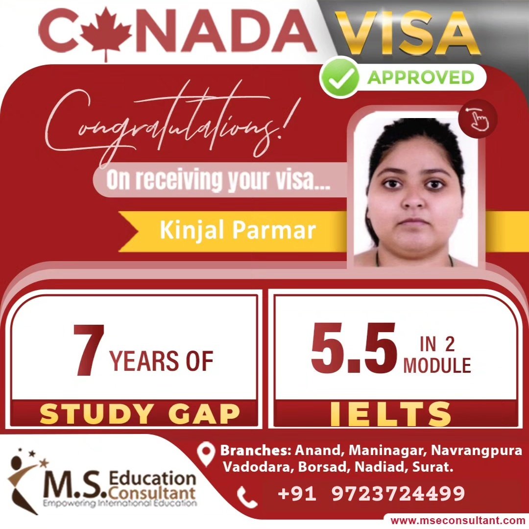 Congrats!!! 🌟 Kinjal Parmar for #Canada 🇨🇦 #StudentVisa 💐

🔸Visa in 1st attempt
🔸5.5 in 2 module 
🔸7 Year of study gap
 
#MSEducationConsultant #StudyAbroad #IELTS #toefl #pte #Immigration #StudyInCanada #StudyInUSA #StudyInEurope #bestvisaconsultant #bestieltscoaching