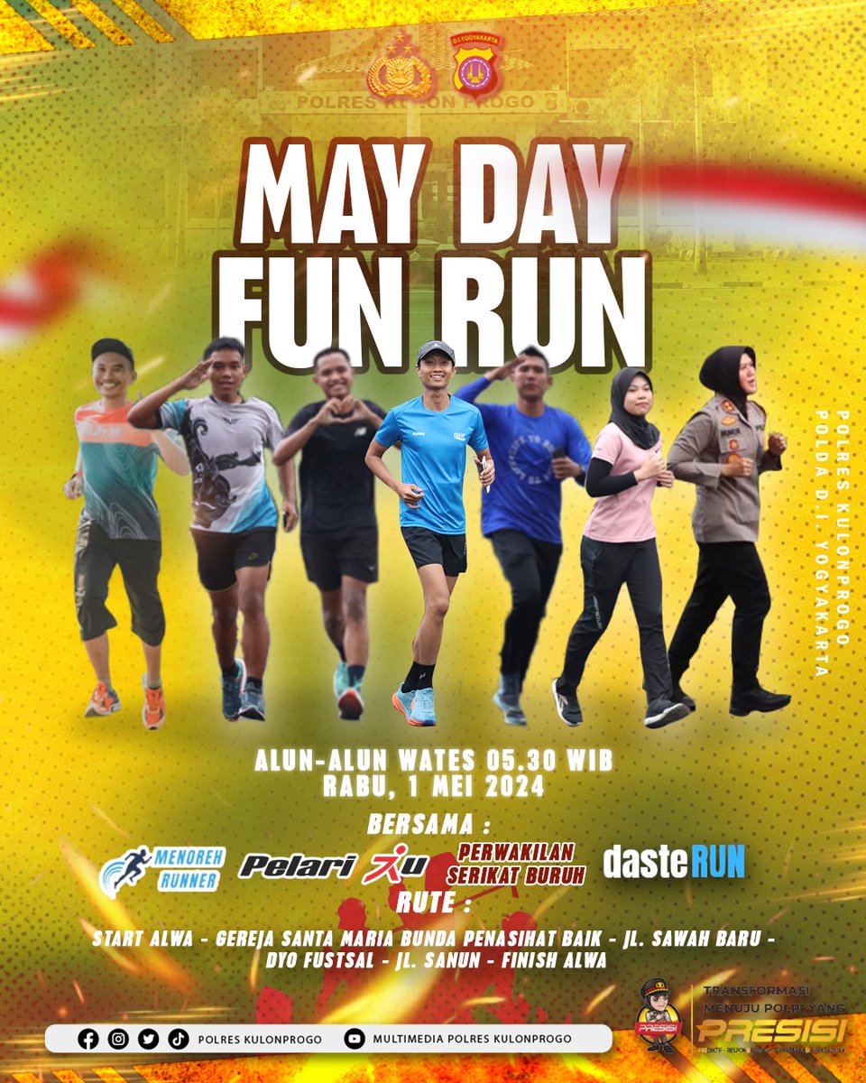 Ayo lurr gass ramaikan gabung May Day Fun Run besok pagi di Alun-alun Wates🔥

Outfit bebas.
boleh pakai jas, sarung, daster, lurik, atau pakai kostum lainnya juga boleh banget

#funrun #kulonprogo #jogja