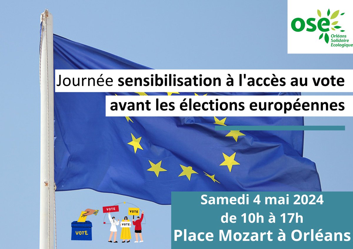 🗳️En amont des élections européennes, @OSE_Orleans vous propose un moment de sensibilisation à l'accès au vote, notamment sur l’accès au vote des personnes en situation de handicap.👨🏽‍🦽 🗓️ le 4 mai de 10h à 17h en plein air, Place Mozart à #Orléans, en présence de plusieurs élues!