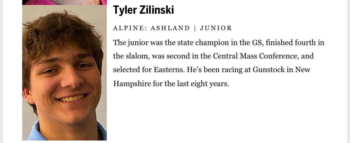 Congratulations to our Giant Slalom State Champion Tyler Zilinski on his second Globe All-Scholastic recognition. @MedfieldAD @ClockerAD