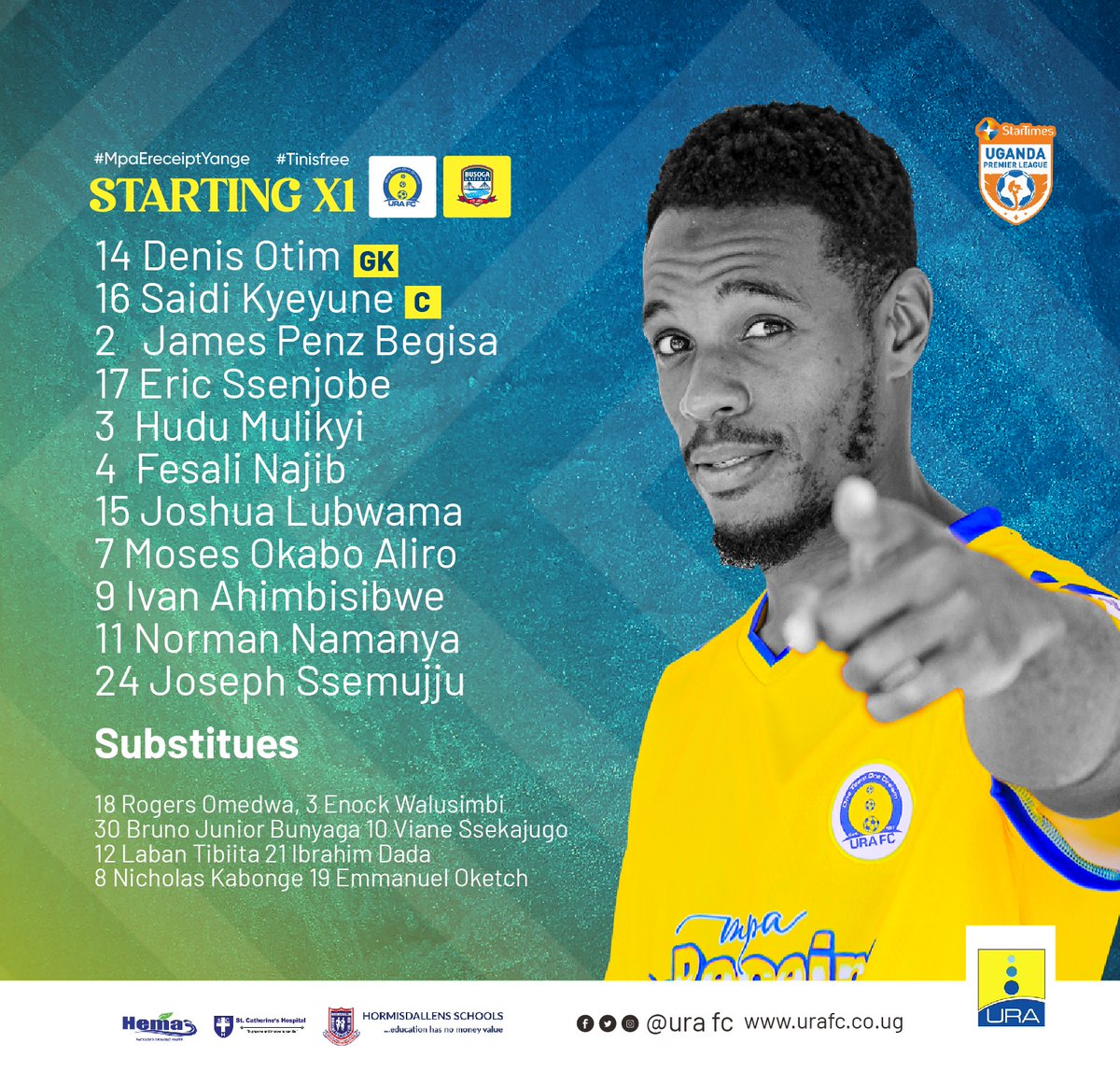 Team News: @FesaliNajib returns in the starting XI, @NickoKabonge starts on the bench. Here is how we line up against @Busogautdfc this evening at Kabaka Kyabaggu 🏟️ #URAFC | #OneTeamOneDream | #StartimesUPL | #URABUS