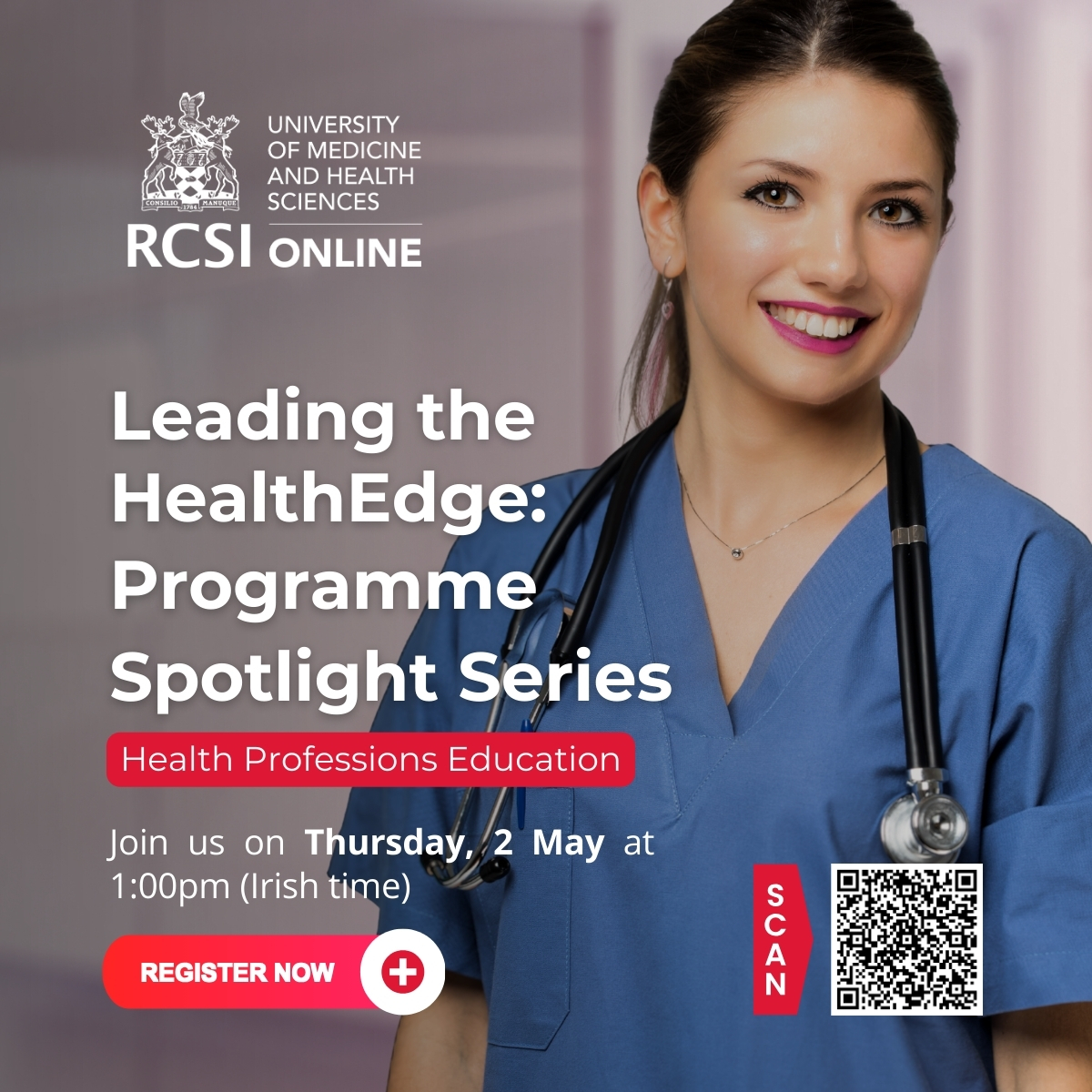 Join the #RCSI Online Leading the HealthEdge Programme Spotlight series! Reserve your free spot now: shorturl.at/rtzP5 📍 Date: Thursday, May 2nd, 2024 ⏳ Time: 1:00 PM GMT 📌 Location: Online Don't miss this opportunity to learn more about #OnlineHealthcareEducation