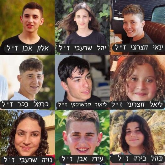 The children of kibbutz Be'eri who were murdered.

Alon Even
Yahel Sharabi
Yanai Emergency
Carmel Bachar
Lior Tarshansky 
Liel Hetzroni
Noya Sharabi
Ido Even 
Tahel Bira