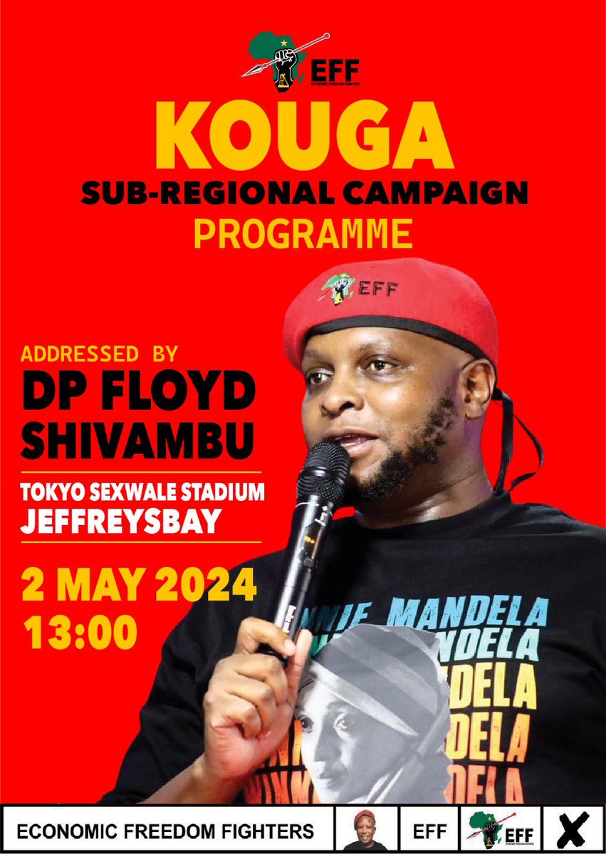 [29 DAYS TO GO]🚨 The Deputy President, @FloydShivambu will embark on a subregional campaign programme in Kouga in Sarah Baartman Region. We are now at the final stages of our election campaign and consolidating the ground towards victory. #VoteEFF #VukaVelaVota