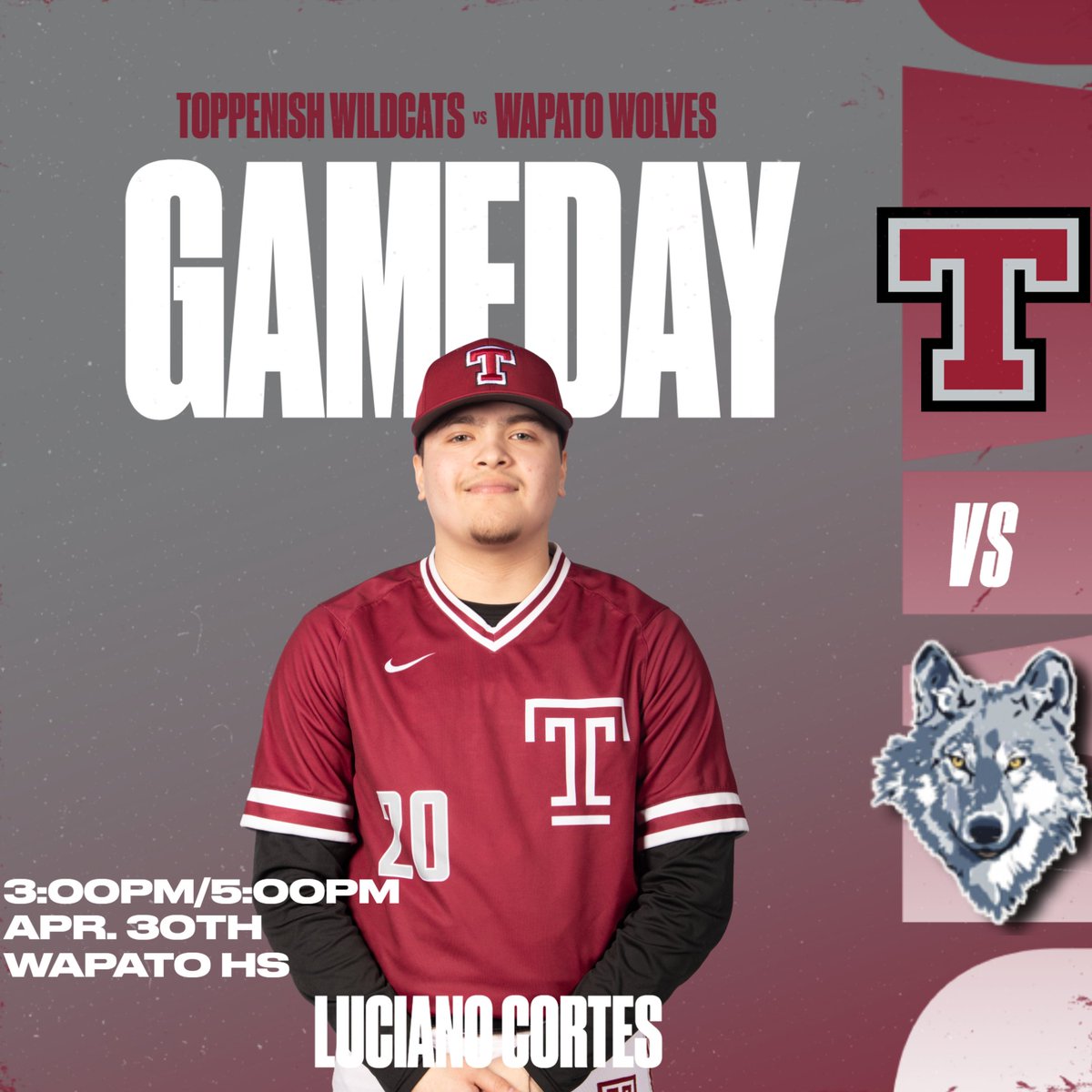 IT'S GAME DAY! The Top-Hi baseball team finishes their regular season today vs. their rival, the Wapato Wolves! Game one of the double header begins at 3pm at Wapato HS! #WildcatNation