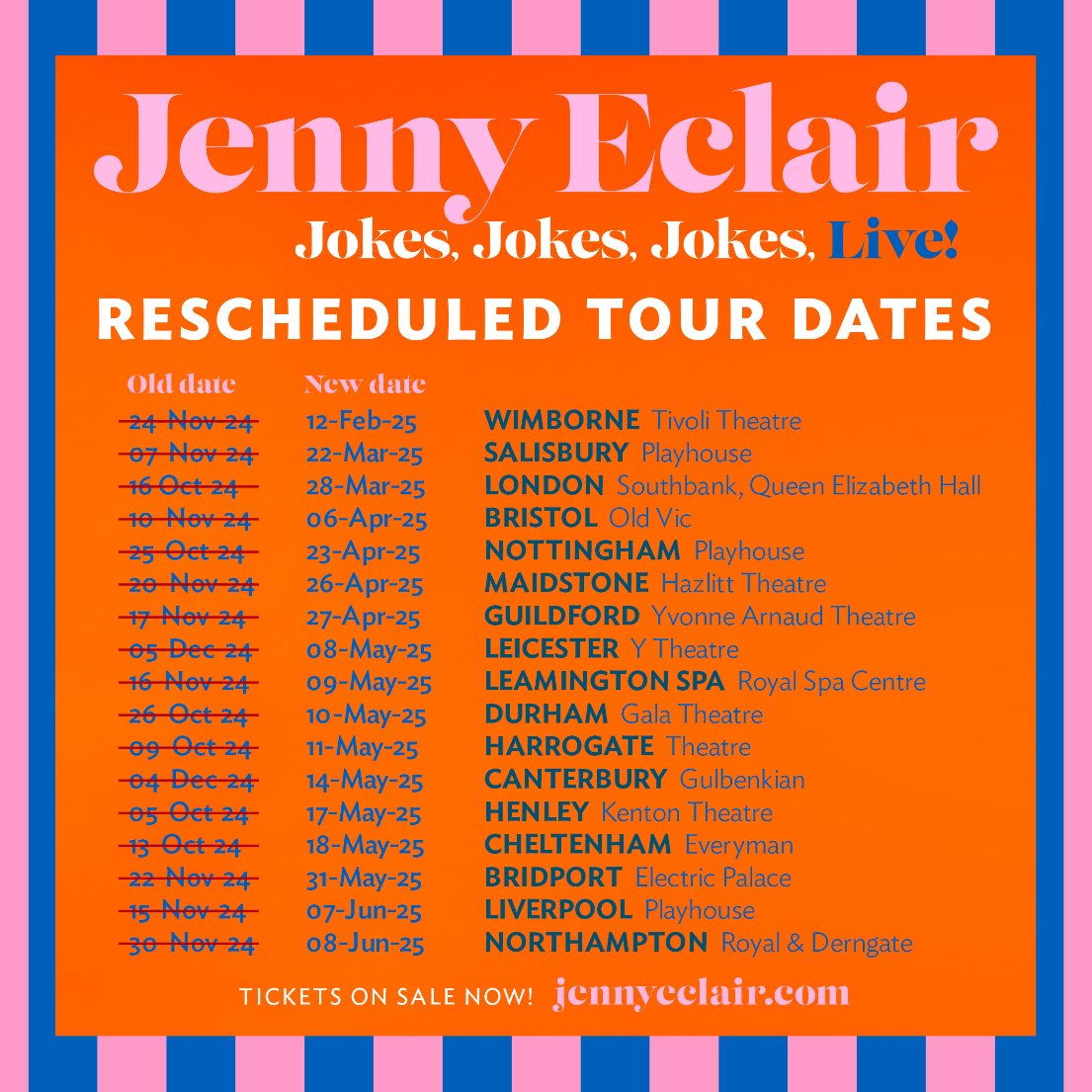 Due to the rescheduling of @jennyeclair's tour, Jokes, Jokes, Jokes, Live! at Gala Durham has been moved to Monday 10 May 2025. Our Box Office have been in touch with ticket holders to notify of the date change. 📅 Sat 10 May 2025, 7.30pm 🎟️ galadurham.co.uk/jenny-eclair