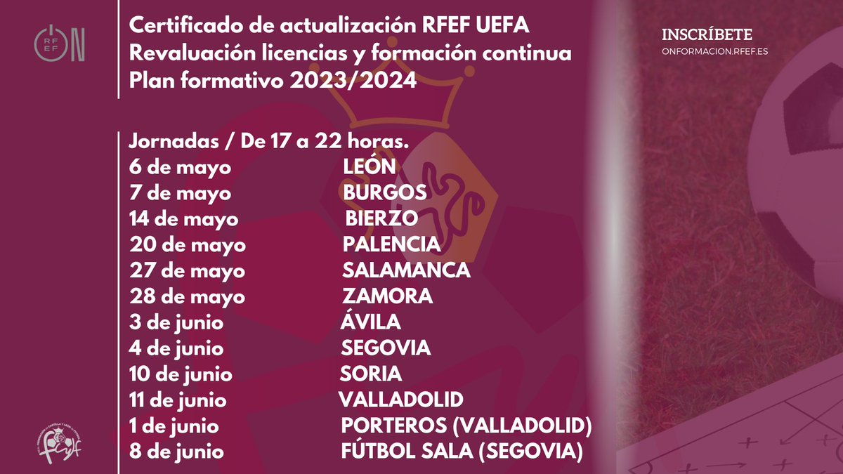 📚Nueva fecha de formación continua y actualización para Entrenadores @FCyLF @EntrenadorRFEF  en #Palencia el 20 de mayo 📌Inscripciones abiertas

Recuerda 💡6 de mayo en León / 7 de mayo en Burgos / 14 de mayo en Ponferrada

📝 rfcylf.es/pnfg/NNws_ShwN…