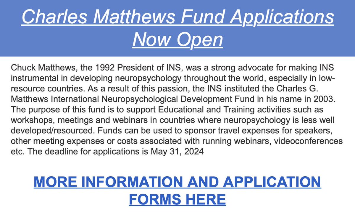 🌍 The Charles G. Matthews International Neuropsychological Development Fund is accepting proposals for educational, clinical, & research initiatives in countries where neuropsychology is less well developed/resourced. Learn more & apply for funding today: buff.ly/4du4zwC
