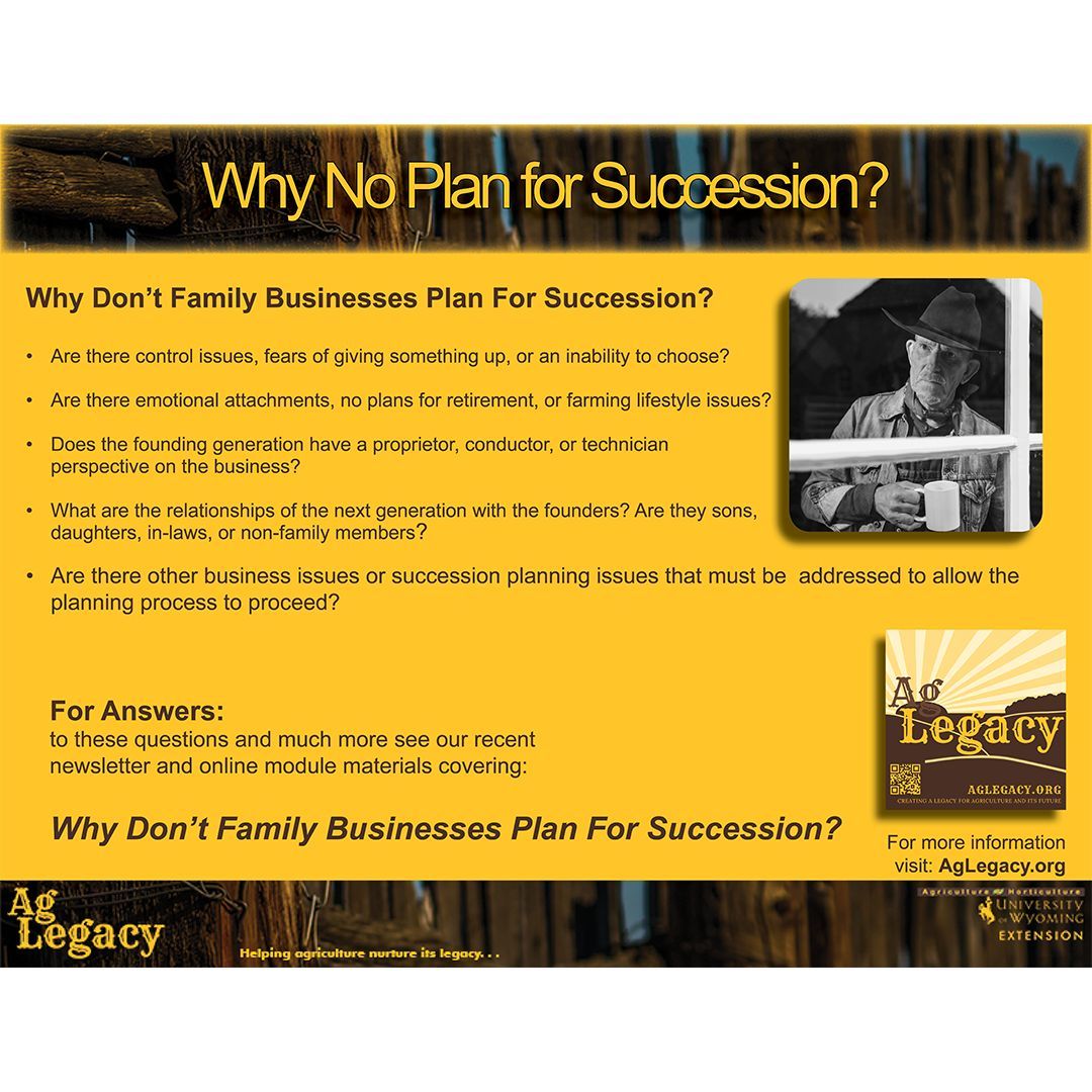 Why Don’t Family Businesses Plan For Succession?
#AGLEGACY #FarmSuccession #EstatePlanning

Are there control issues, fears of giving up, an inability to choose, emotional attachments, other issues?