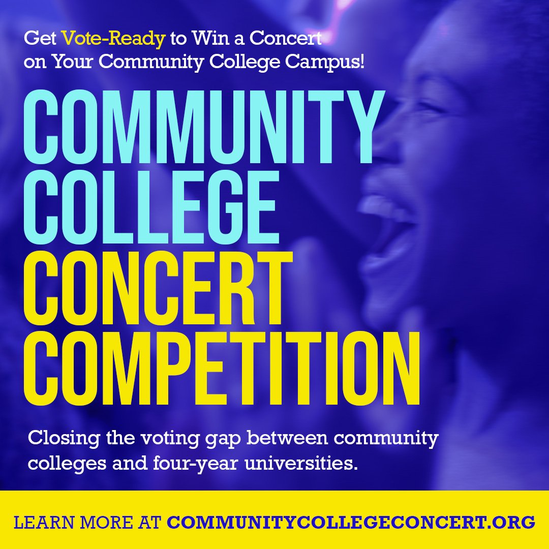 The Community College Concert Competition from @MTV @LEVIS @allintovote @SLSVCoalition and Good Trouble Collaborative is a nationwide effort to close the nearly 10 percentage point voter turnout gap between community colleges & 4-year universities! CommunityCollegeConcert.org