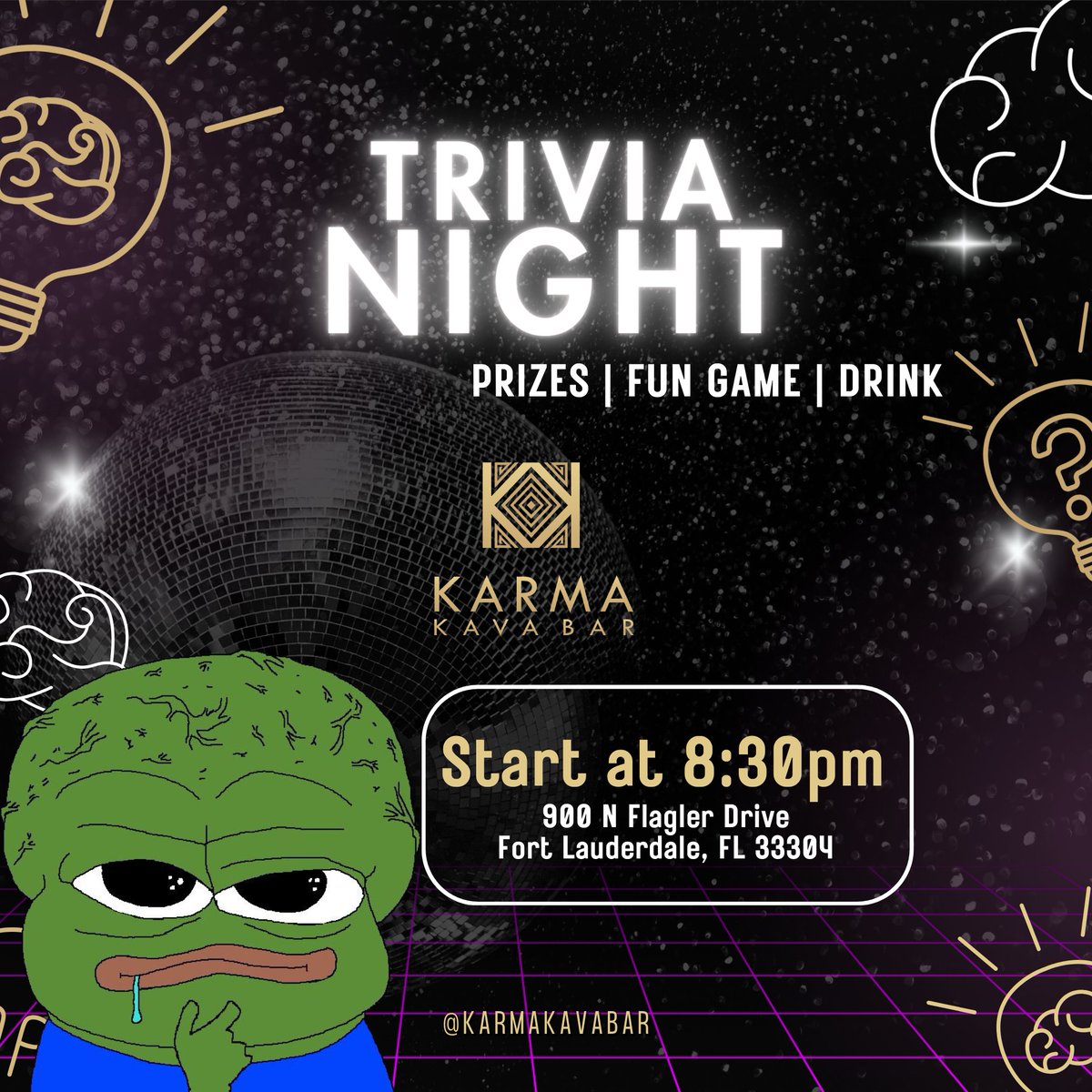 Big Brain Energy tonight at Karma Kava. It's Tuesday and that means Trivia and a $50 bar tab for the winner. $25 for second place. Trivia night is 🔥. #trivia #fortlauderdale #kavabar