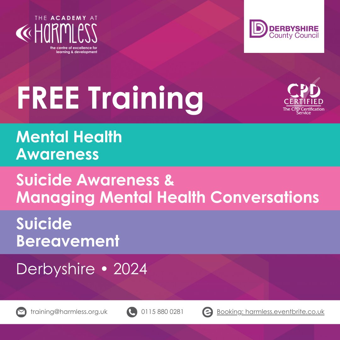 Staff and volunteers in the statutory, voluntary and community sectors in #Derbyshire can now book FREE #MentalHealthAwareness, #SuicideAwareness and #SuicideBereavement training. Visit our Eventbrite page for full details and booking: tinyurl.com/29c9m7td