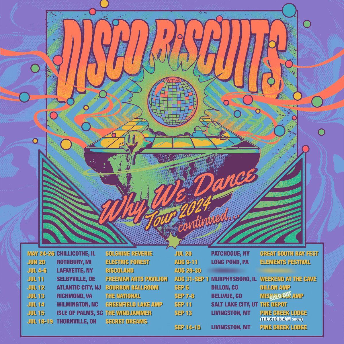 #WhyWeDance Tour 2024...CONTINUED! We're not ready for this party to end, so we're heading down the east coast after #BISCOLAND and returning to the northwest with a show in SLC + a 3-night stint at @pinecreeklodge incl. a TRACTORBEAM show on 9/13!

🎟️ 👉 discobiscuits.com