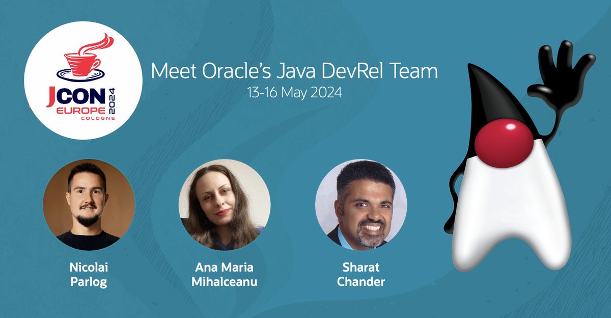 #Java devs... 13 more days (my lucky number!)... Register for @jcon_conference and meet @Oracle's @Java DevRel Team in Cologne, Germany. Please join @nipafx @ammbra1508 and me (May 13-16)! We'd love to meet you! Register now: 2024.europe.jcon.one/tickets