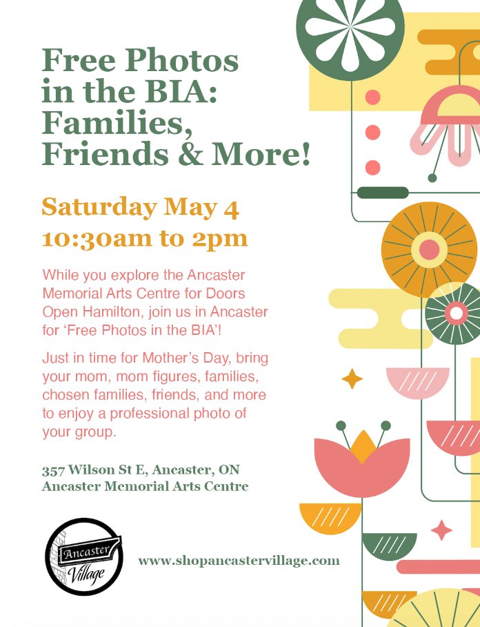 Ancaster Village (@ancastervillage) on Twitter photo While you explore the <a href="/AncArtsCentre/">Ancaster Memorial Arts Centre</a> for <a href="/DoorsOpenHammer/">Doors Open Hamilton</a> on Saturday May 4th, join us in Ancaster for ‘Free Photos in the BIA’!
Just in time for Mother’s Day, bring your mom, mom figures, families, chosen families, friends, and more to enjoy a professional photo of your group While you explore the <a href="/AncArtsCentre/">Ancaster Memorial Arts Centre</a> for <a href="/DoorsOpenHammer/">Doors Open Hamilton</a> on Saturday May 4th, join us in Ancaster for ‘Free Photos in the BIA’!
Just in time for Mother’s Day, bring your mom, mom figures, families, chosen families, friends, and more to enjoy a professional photo of your group