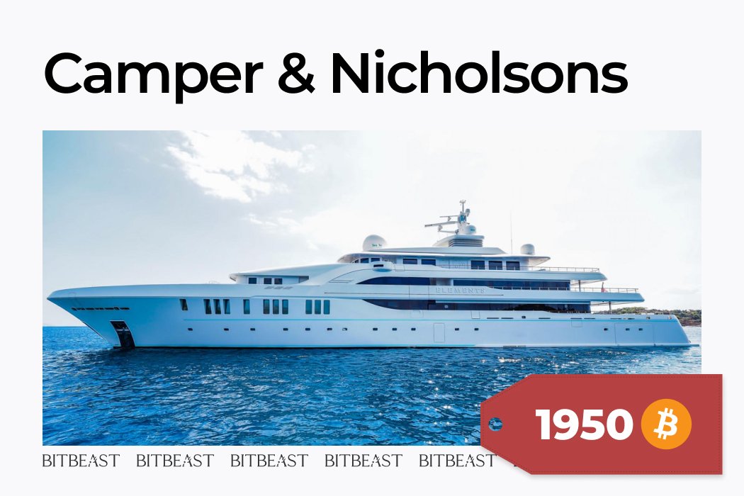 Did you know that you can buy this 80m superyacht for the price of 1950 BTC? 😲

Camper &amp; Nicholsons is now listed on BitBeast. 

Serving as the global leader in luxury yachts. They specialize in the sale, purchase, charter, and construction of the finest yachts worldwide.