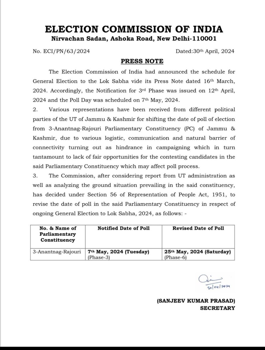 #ECI  revise the date poll of Rajouri Anantnag parliamentary constituency 
Revise date poll is 25 of may 2024
#LokSabhaElections2024 
#JammuAndKashmir 
#apniparty
#sachkisiyasat