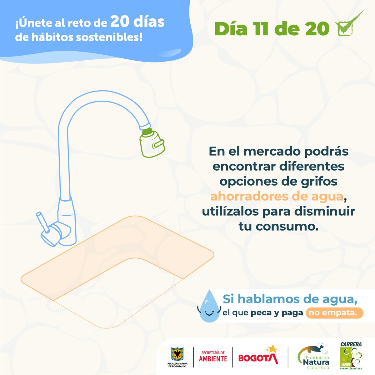 Conoce el reto número 11 de los #20DíasMásSostenibles♻️🌎 En los hogares de Bogotá, las actividades de la cocina constituyen el segundo mayor consumo de agua. Una idea para reducirlo es la instalación de grifos ahorradores. #CierraLaLlaveYa #ElAguaNosConecta