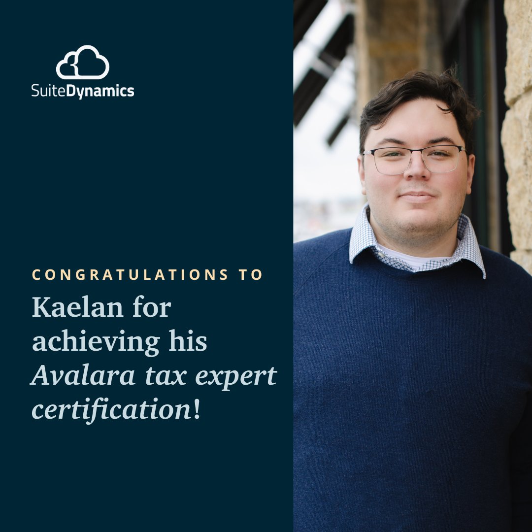 Shout out to SuiteDynamics ERP Implementer Kaelan Guetschow for achieving his Avalara tax expert certification! 🎉

'I'm thrilled to further our partnership with Avalara & eager to begin implementing Avalara products with our clients,' he says.

#NetSuite #TaxExpert #Avalara #ERP