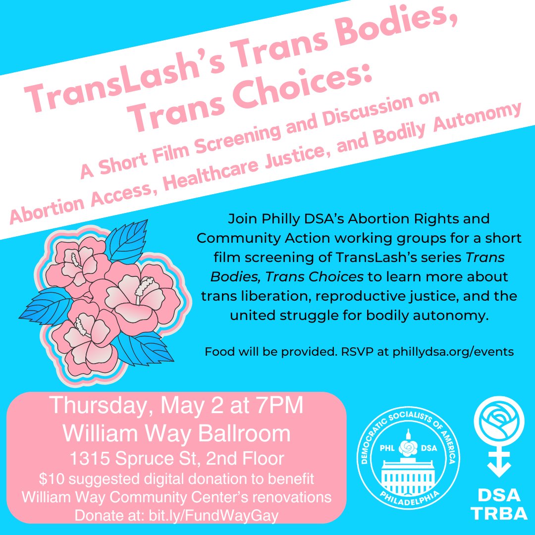 Our screening of @translashmedia's film 'Trans Bodies, Trans Choices,' is this Thursday! Come out to learn about trans reproductive justice and to raise money for William Way's planned renovations. 🏳️‍⚧️