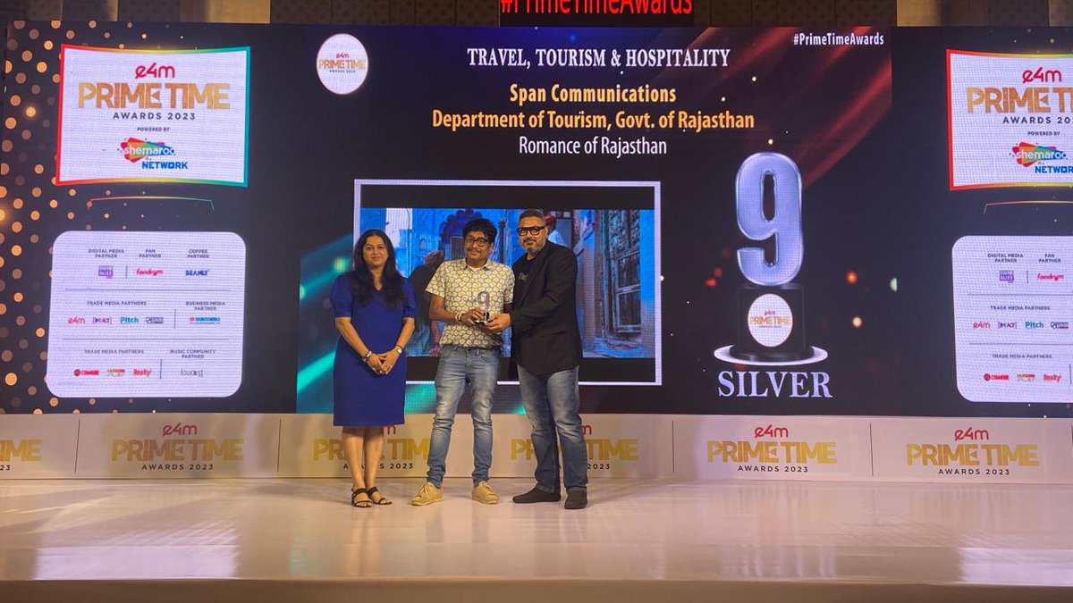 Recognizing outstanding achievements in Television Advertising at #PrimeTimeAwards! 🏆 🔥
Congratulations to the winners! 👏

Category : Travel, Tourism & Hospitality
Winners : @SpanCom_in , @my_rajasthan 

#e4mAwards #PrimeTimeAwards #TVAdvertising #CreativeExcellence