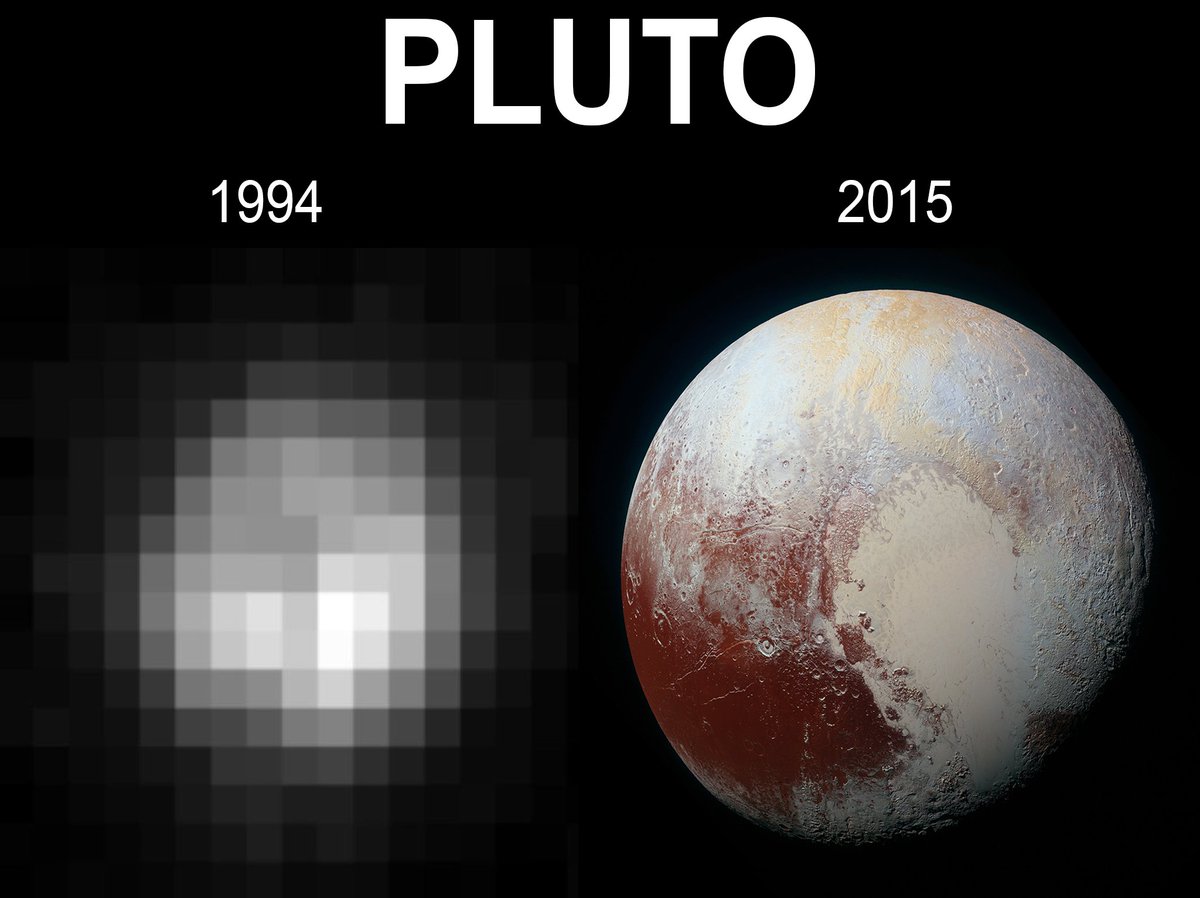 Our view of Pluto changed drastically over just 21 years.

1994 vs 2015