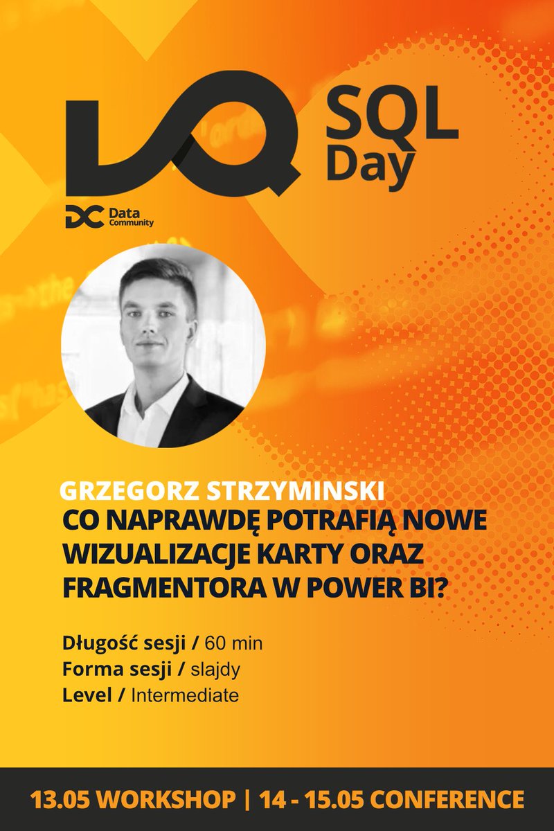 sqlday's tweet image. 📢SESSION📢
👨🏫 Co naprawdę potrafią nowe wizualizacje karty oraz fragmentora w Power BI?
🗣 Greg Strzyminski
📅 Wednesday, May 15
⏰ 3:00 pm - 4:00 pm
📍 Room D
SQL Day 2024! 👉 sqlday.pl
#SQLDay2024 #sqlday #DataCommunityPoland #datacommunity #wroclaw #poland